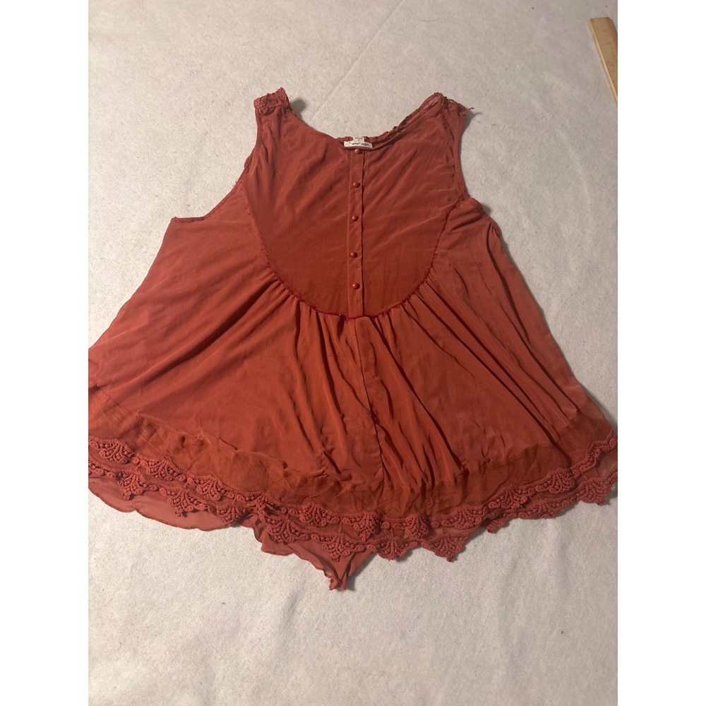 Ultra Pink Burnt Orange Crochet Lace Babydoll Sleeveless Top XL Boho Button Back - Picture 5 of 11